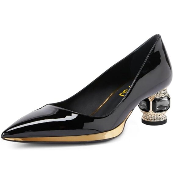 FSJ Women Bridal Pointed Toe Chunky Block Low Heel Crystal Pumps Black Shoes - Picture 1 of 8